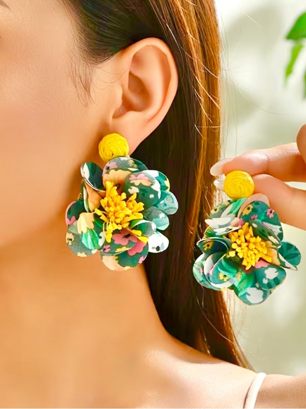 NEW Exaggerated Floral Earrings~ Yellow & Green